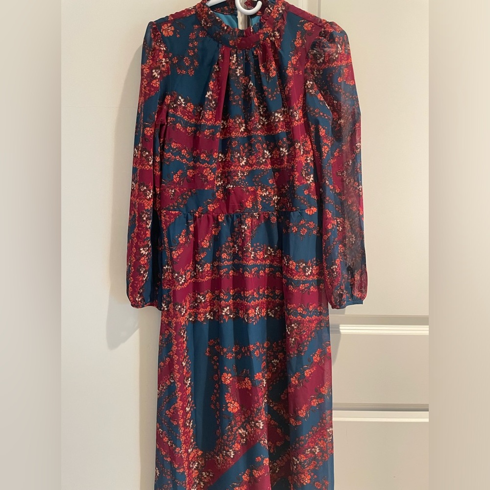 Gorgeous rich burgundy and teal high neck midi dress. Purchased from Nordstrom.